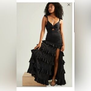 Altar’d State Black Ruffle High-Low Alana Marie Maxi Dress XS 🖤 Slit Formal